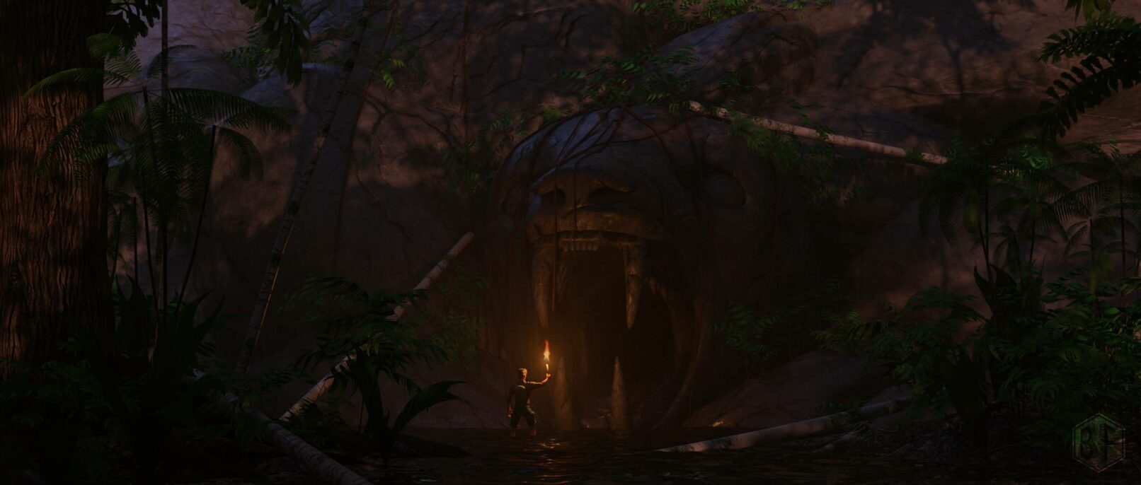 Explorateur de la jungle confronté à une entrée majestueuse en forme de tête de jaguar taillée dans la roche.