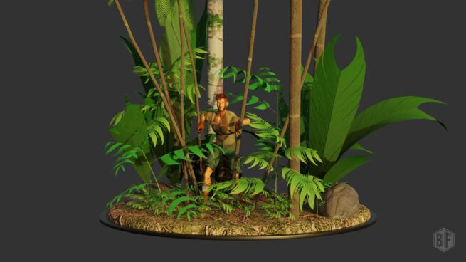 Modèle 3D d'un explorateur s'aventurant dans la jungle.