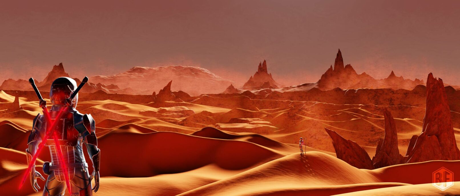 Explorateurs spatiaux dans le désert d'une planète aux paysages martiens.