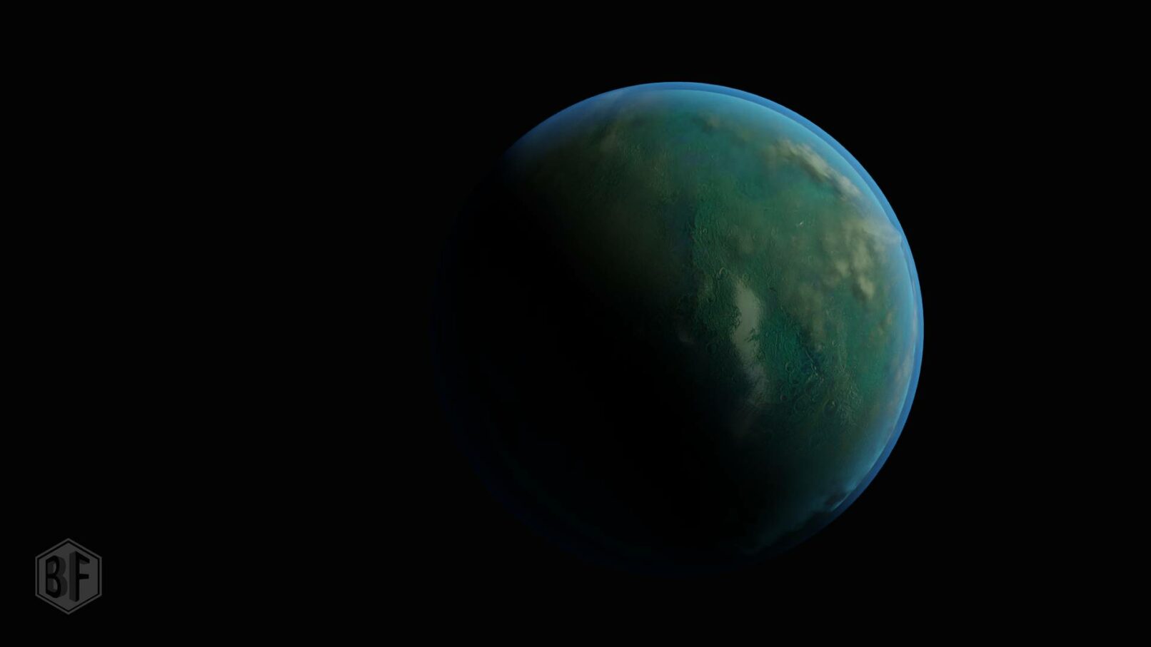 Vue spatiale d'une planète avec atmosphère. Créée par superpositions de textures.