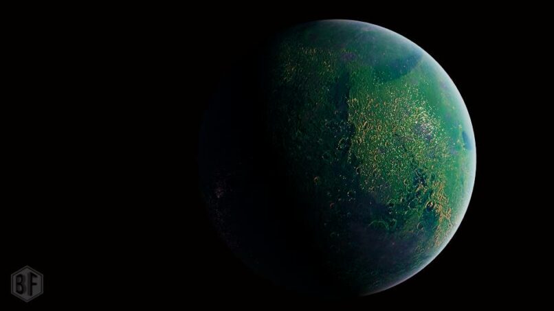 Vue spatiale d'une planète. Créée par superpositions de textures.