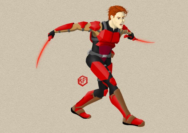 Dessin couleur d'un soldat de science fiction se battant au sabre. Guerrier SF. Ranger.