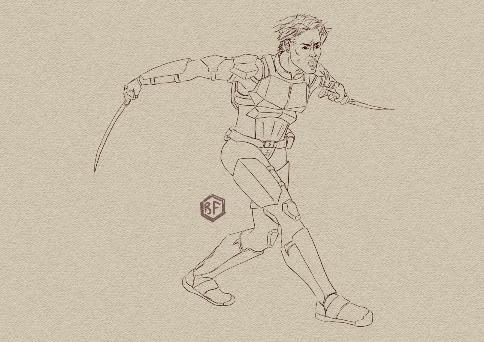 Dessin d'un soldat de science fiction se battant au sabre. Guerrier SF. Ranger.