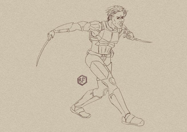 Dessin d'un soldat de science fiction se battant au sabre. Guerrier SF. Ranger.