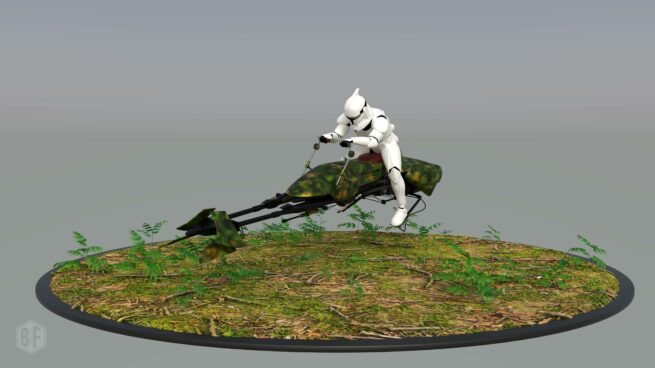 Modèles 3D et rendu Cycles d'un stormtrooper et d'un speeder. Univers Star Wars.