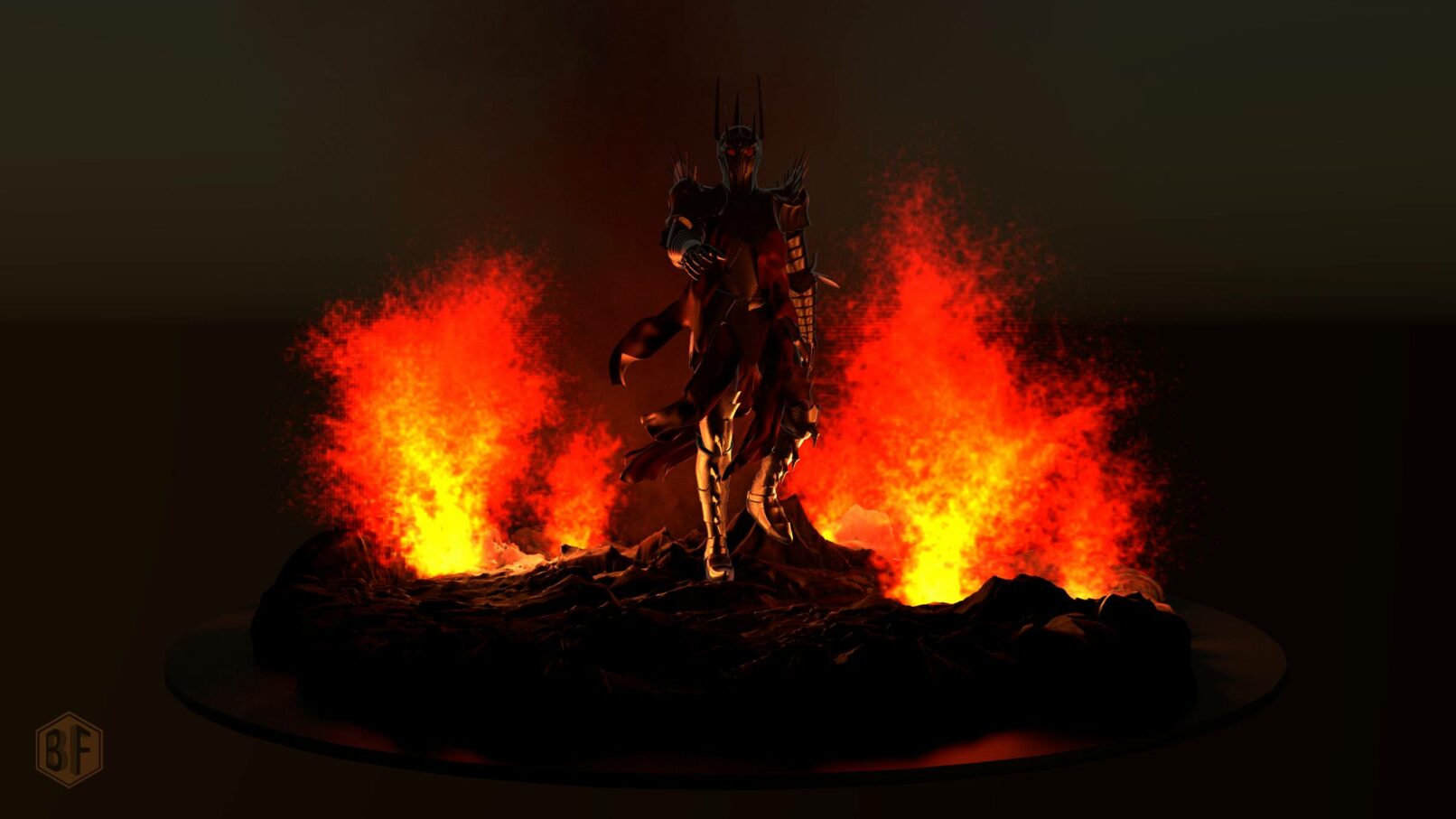 Modèle 3D de Sauron. Mise en scène dans une simulation Mantaflow.