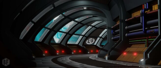 Modélisation d'un environnement de science fiction. Station spatiale en orbite autour d'une géante gazeuse.